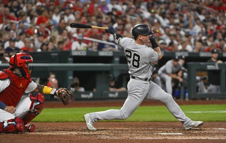 Aug 5, 2022; St. Louis, Missouri, USA;  New York Yankees third baseman Josh Donaldson (28) hits a one run single against the St. Louis Cardinals during the third inning at Busch Stadium. Mandatory Credit: Jeff Curry-USA TODAY Sports
