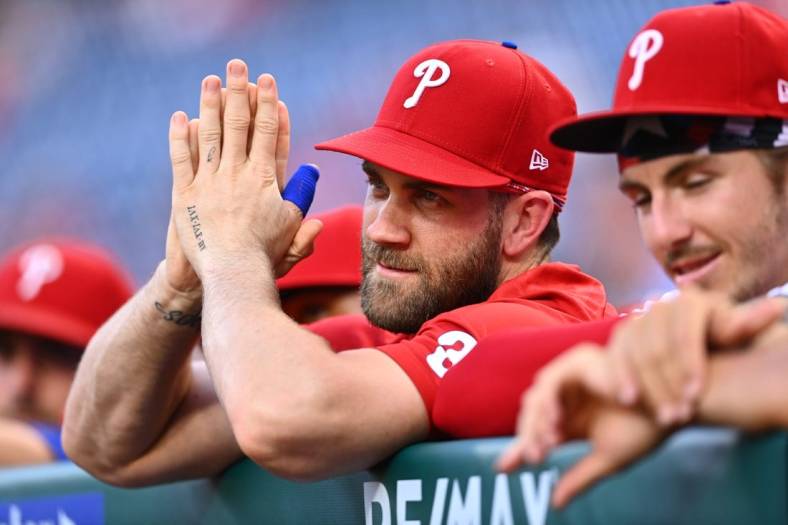 Aug 5, 2022; Philadelphia, Pennsylvania, USA; Philadelphia Phillies outfielder Bryce Harper (3) looks on before the game against the Washington Nationals at Citizens Bank Park. Mandatory Credit: Kyle Ross-USA TODAY Sports