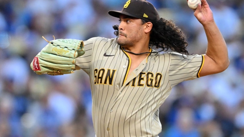 Aug 5, 2022; Los Angeles, California, USA;  San Diego Padres starting pitcher Sean Manaea (55) throws to the plate in the first inning against the Los Angeles Dodgers at Dodger Stadium. Mandatory Credit: Jayne Kamin-Oncea-USA TODAY Sports