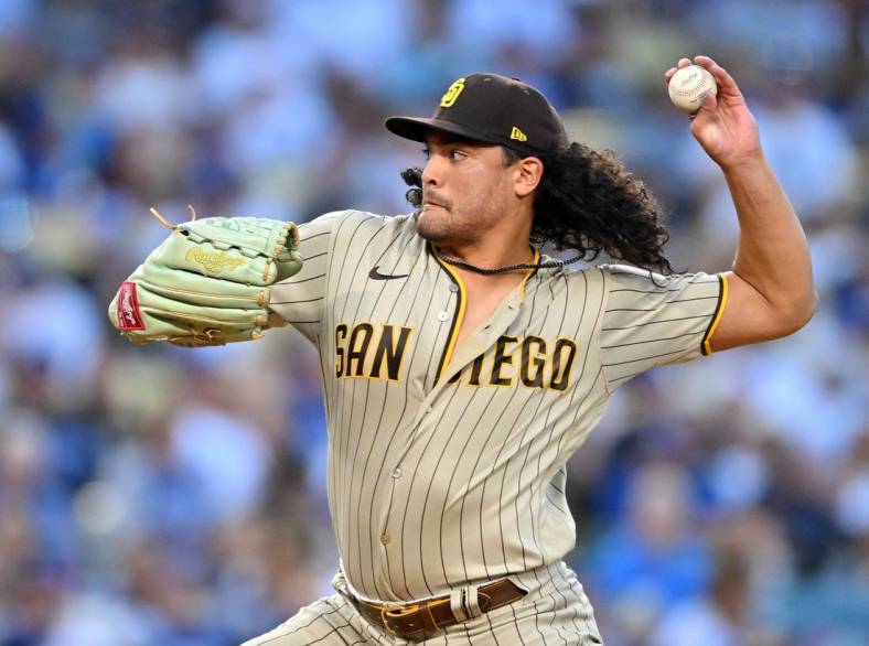 Aug 5, 2022; Los Angeles, California, USA;  San Diego Padres starting pitcher Sean Manaea (55) throws to the plate in the first inning against the Los Angeles Dodgers at Dodger Stadium. Mandatory Credit: Jayne Kamin-Oncea-USA TODAY Sports