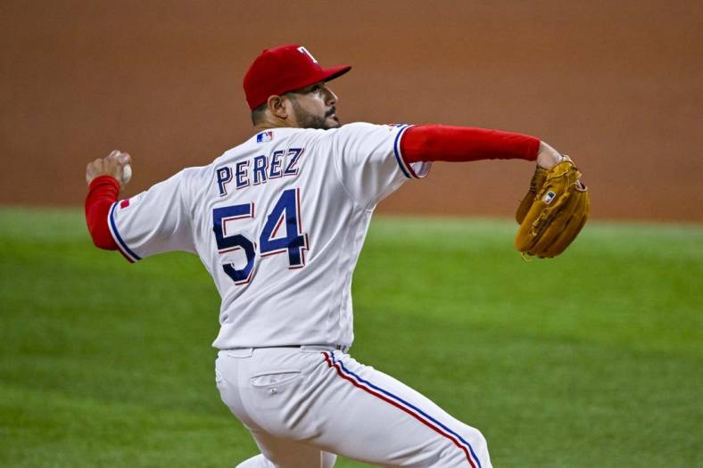 Aug 3, 2022; Arlington, Texas, USA; Texas Rangers starting pitcher Martin Perez (54) in action during the game between the Texas Rangers and the Baltimore Orioles at Globe Life Field. Mandatory Credit: Jerome Miron-USA TODAY Sports
