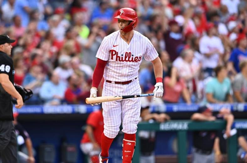 Aug 6, 2022; Philadelphia, Pennsylvania, USA; Philadelphia Phillies first baseman Rhys Hoskins (17) reacts after hitting a home run against the Washington Nationals in the first inning at Citizens Bank Park. Mandatory Credit: Kyle Ross-USA TODAY Sports
