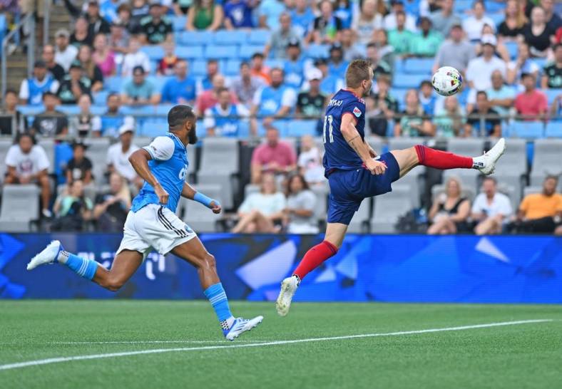 Aug 6, 2022; Charlotte, North Carolina, USA; Chicago Fire attacker Kacper Przybylko (11) controls the ball in front of Charlotte FC defender Anton Walkes (left) in the first half at Bank of America Stadium. Mandatory Credit: Griffin Zetterberg-USA TODAY Sports