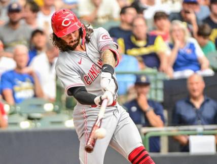 Aug 6, 2022; Milwaukee, Wisconsin, USA;  Cincinnati Reds second baseman Jonathan India (6) hits an RBI double in the second inning against the Milwaukee Brewers at American Family Field. Mandatory Credit: Benny Sieu-USA TODAY Sports