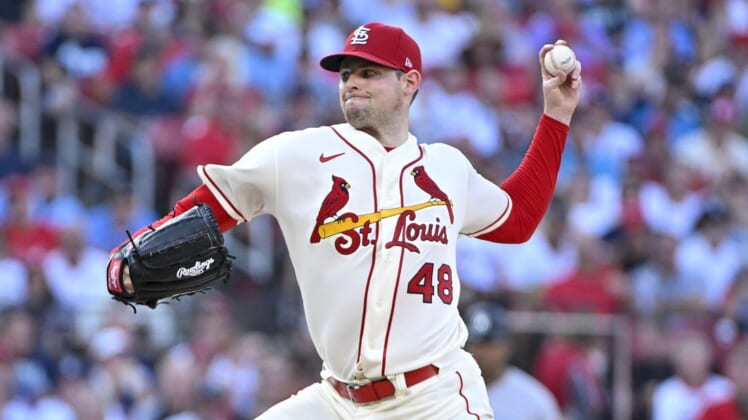 Aug 6, 2022; St. Louis, Missouri, USA;  St. Louis Cardinals starting pitcher Jordan Montgomery (48) pitches against the New York Yankees during the first inning at Busch Stadium. Mandatory Credit: Jeff Curry-USA TODAY Sports