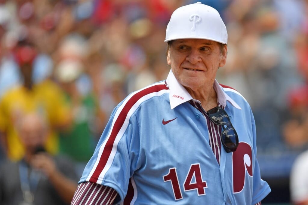 Aug 7, 2022; Philadelphia, Pennsylvania, USA;  Former Philadelphia Phillies great Pete Rose acknowledges the crowd during Alumni Day ceremony before game against the Washington Nationals at Citizens Bank Park. Mandatory Credit: Eric Hartline-USA TODAY Sports