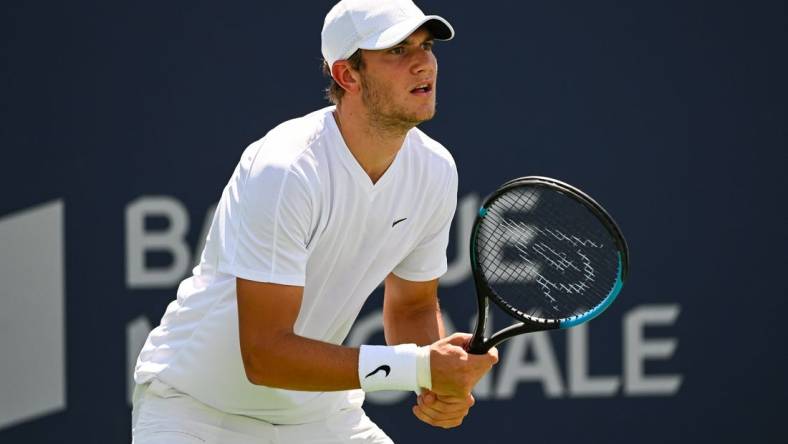 Aug 7, 2022; Montreal, Quebec, Canada; Jack Draper (GBR) waits for Quentin Halys (FRA) (not pictured) to serve the ball in second round qualifying play at IGA Stadium. Mandatory Credit: David Kirouac-USA TODAY Sports