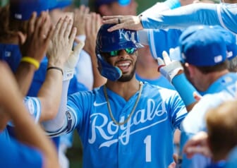 Aug 7, 2022; Kansas City, Missouri, USA; Kansas City Royals catcher MJ Melendez (1) is congratulated by teammates after hitting a home run during the fifth inning against the Boston Red Sox at Kauffman Stadium. Mandatory Credit: Jay Biggerstaff-USA TODAY Sports