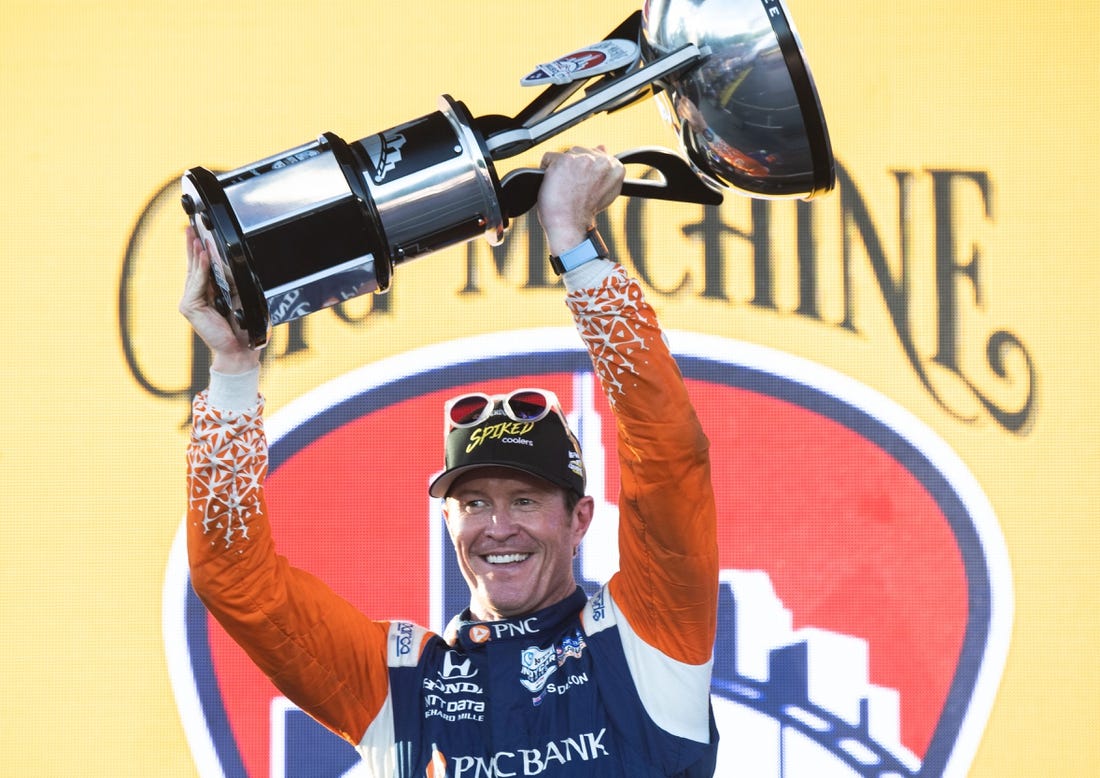 Chip Ganassi Racing driver Scott Dixon (9) of New Zealand celebrates winning the Music City Grand Prix in Nashville, Tenn., Sunday, Aug. 7, 2022.

Sa51448