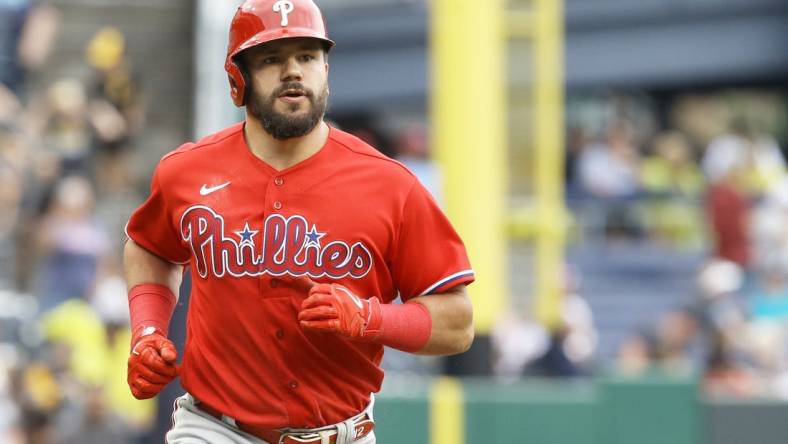 Jul 31, 2022; Pittsburgh, Pennsylvania, USA;  Philadelphia Phillies left fielder Kyle Schwarber (12) circles the bases on a solo home run against the Pittsburgh Pirates fifth inning at PNC Park. Mandatory Credit: Charles LeClaire-USA TODAY Sports