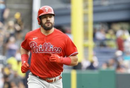 Jul 31, 2022; Pittsburgh, Pennsylvania, USA;  Philadelphia Phillies left fielder Kyle Schwarber (12) circles the bases on a solo home run against the Pittsburgh Pirates fifth inning at PNC Park. Mandatory Credit: Charles LeClaire-USA TODAY Sports