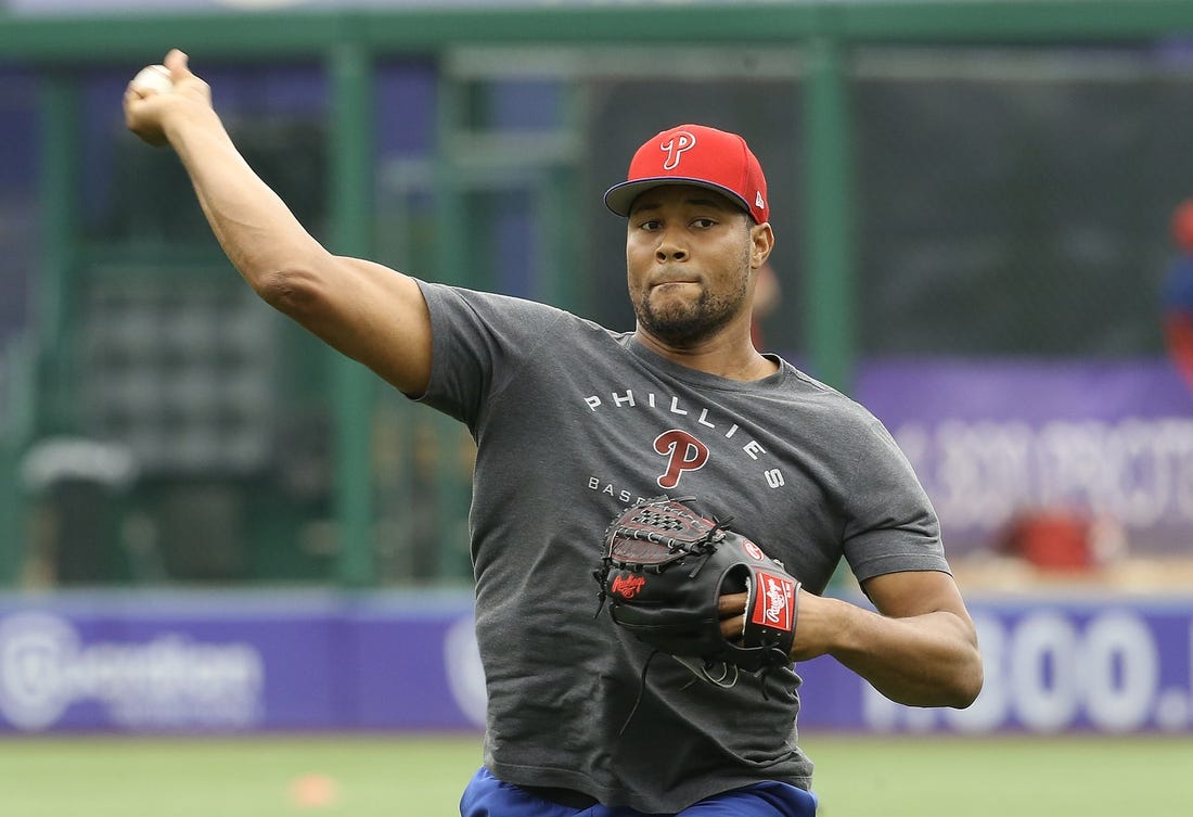 Jul 31, 2022; Pittsburgh, Pennsylvania, USA;  Philadelphia Phillies relief pitcher Jeurys Familia (31) throws in the outfield before the game against the Pittsburgh Pirates at PNC Park. Mandatory Credit: Charles LeClaire-USA TODAY Sports