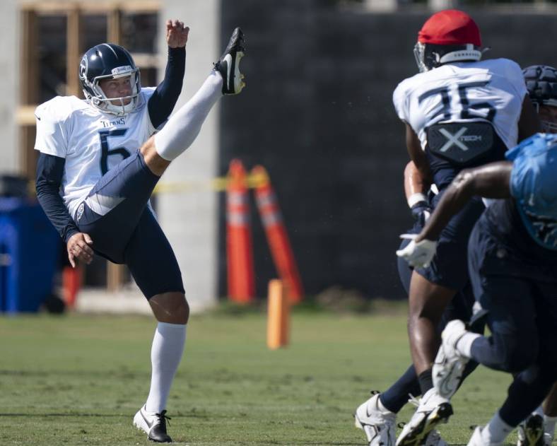 Aug 8, 2022; Nashville, Tennessee; Tennessee Titans punter Brett Kern (6) watches his punt during a training camp practice at Ascension Saint Thomas Sports Park. Mandatory Credit: George Walker IV-USA TODAY Sports