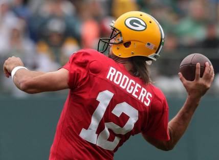 Green Bay Packers quarterback Aaron Rodgers (12) participates in training camp on Monday, Aug. 8, 2022, at Ray Nitschke Field in Ashwaubenon, Wis.Wm. Glasheen USA TODAY NETWORK-Wisconsin

Apc Packers Training Camp 10278 080822wag