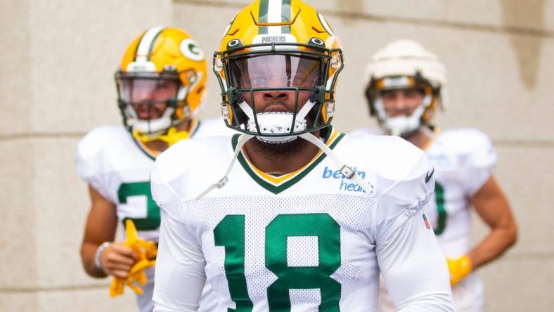 Green Bay Packers wide receiver Randall Cobb (18) runs onto Ray Nitschke Field during training camp on Monday, Aug. 8, 2022, in Ashwaubenon, Wis. Samantha Madar/USA TODAY NETWORK-Wis.

Gpg Training Camp 08082022 0015