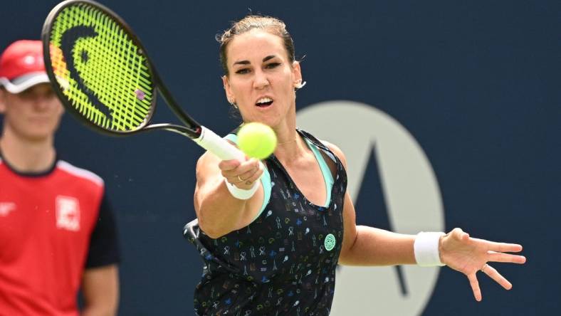 Aug 8, 2022; Toronto, ON, Canada;   Nuria Parrizas Diaz (ESP) plays a shot against Serena Williams (USA)  in first round play in the National Bank Open at Sobeys Stadium. Mandatory Credit: Dan Hamilton-USA TODAY Sports