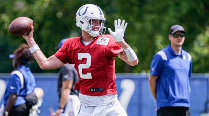 The Indianapolis Colts QB, Matt Ryan(2) throws the ball during passing drills at Colts Camp on Monday, August 8, 2022, at Grand Park in Westfield Ind.