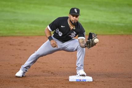 Aug 7, 2022; Arlington, Texas, USA; Chicago White Sox shortstop Leury Garcia (28) in action during the game between the Texas Rangers and the Chicago White Sox at Globe Life Field. Mandatory Credit: Jerome Miron-USA TODAY Sports