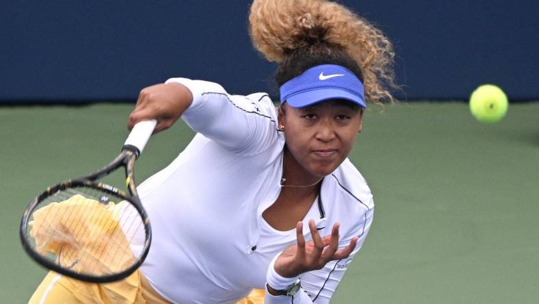 Aug 9, 2022; North York, ON, Canada;  Naomi Osaka (JPN) serves against Kaia Kanepi (EST) (not pictured) at Sobeys Stadium. Mandatory Credit: Dan Hamilton-USA TODAY Sports