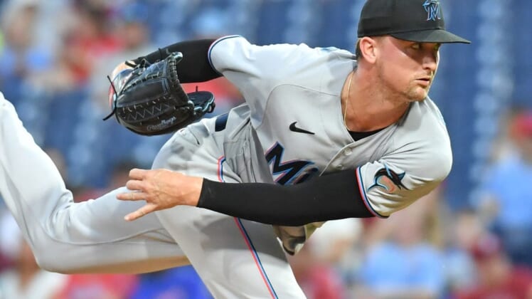 Aug 9, 2022; Philadelphia, Pennsylvania, USA; Miami Marlins starting pitcher Braxton Garrett (60) throws a pitch against the Philadelphia Phillies during the first inning at Citizens Bank Park. Mandatory Credit: Eric Hartline-USA TODAY Sports