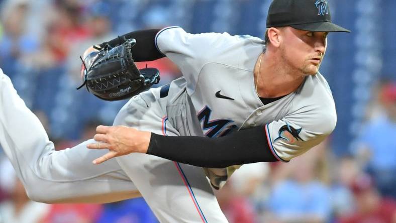 Aug 9, 2022; Philadelphia, Pennsylvania, USA; Miami Marlins starting pitcher Braxton Garrett (60) 
throws a pitch against the Philadelphia Phillies during the first inning at Citizens Bank Park. Mandatory Credit: Eric Hartline-USA TODAY Sports