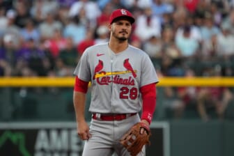 Aug 9, 2022; Denver, Colorado, USA; St. Louis Cardinals third baseman Nolan Arenado (28) during the first inning against the Colorado Rockies at Coors Field. Mandatory Credit: Ron Chenoy-USA TODAY Sports