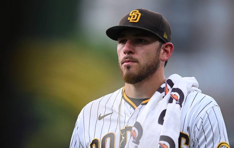 Aug 9, 2022; San Diego, California, USA; San Diego Padres starting pitcher Joe Musgrove (44) looks on before the game against the San Francisco Giants at Petco Park. Mandatory Credit: Orlando Ramirez-USA TODAY Sports