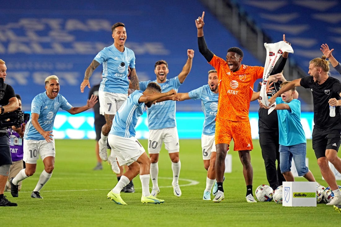 Aug 9, 2022; Saint Paul, MN, USA; The MLS celebrates with MLS midfielder Hany Mukhtar (95) of Nashville SC during the MLS All-Star Skills Challenge at Allianz Field. Mandatory Credit: Brace Hemmelgarn-USA TODAY Sports