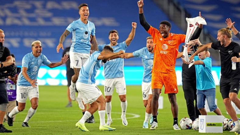 Aug 9, 2022; Saint Paul, MN, USA; The MLS celebrates with MLS midfielder Hany Mukhtar (95) of Nashville SC during the MLS All-Star Skills Challenge at Allianz Field. Mandatory Credit: Brace Hemmelgarn-USA TODAY Sports