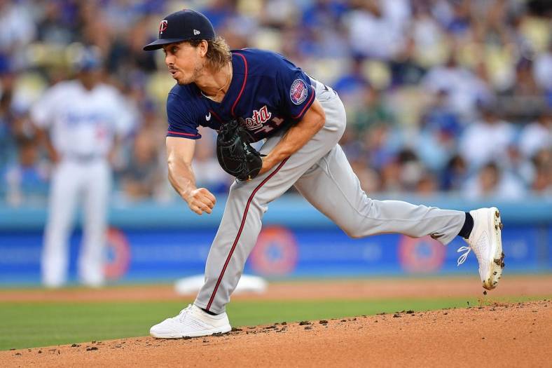 Aug 9, 2022; Los Angeles, California, USA; Minnesota Twins starting pitcher Joe Ryan (41) throws against the Los Angeles Dodgers during the first inning at Dodger Stadium. Mandatory Credit: Gary A. Vasquez-USA TODAY Sports