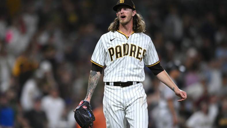 Aug 9, 2022; San Diego, California, USA; San Diego Padres relief pitcher Josh Hader (71) reacts after being replaced during the ninth inning against the San Francisco Giants at Petco Park. Mandatory Credit: Orlando Ramirez-USA TODAY Sports