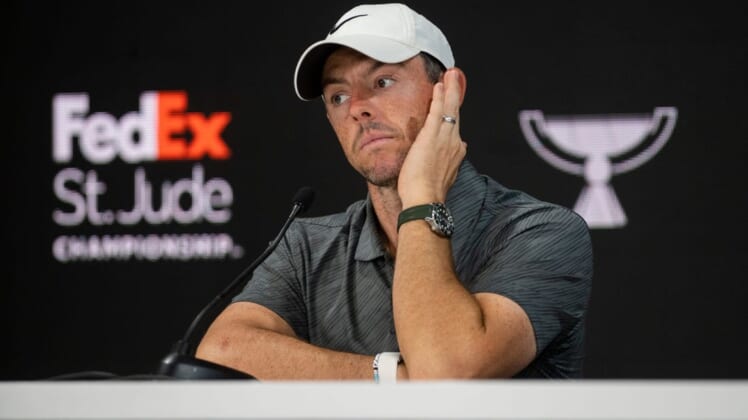 Rory McIlroy listens to a question from the press after finishing his round of the FedEx St. Jude Championship Pro-Am at TPC Southwind on Wednesday, August 10, 2022, in Memphis, TN.