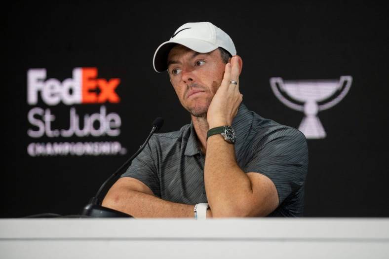 Rory McIlroy listens to a question from the press after finishing his round of the FedEx St. Jude Championship Pro-Am at TPC Southwind on Wednesday, August 10, 2022, in Memphis, TN.