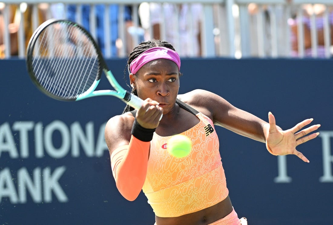 Aug 10, 2022; North York, ON, Canada;  Coco Gauff (USA) plays a shot against Elena Rybakina (KAZ) (not pictured) at Sobeys Stadium. Mandatory Credit: Dan Hamilton-USA TODAY Sports