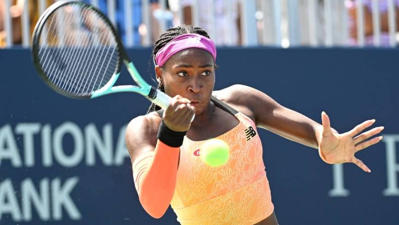 Aug 10, 2022; North York, ON, Canada;  Coco Gauff (USA) plays a shot against Elena Rybakina (KAZ) (not pictured) at Sobeys Stadium. Mandatory Credit: Dan Hamilton-USA TODAY Sports