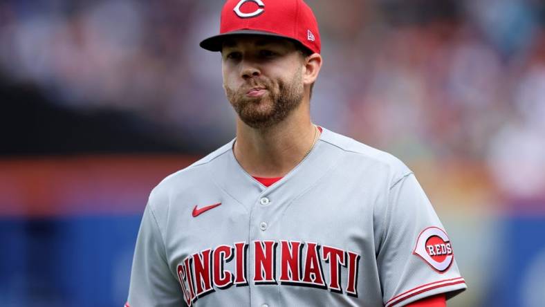 Aug 10, 2022; New York City, New York, USA; Cincinnati Reds starting pitcher T.J. Zeuch (67) reacts during the first inning against the New York Mets at Citi Field. Mandatory Credit: Brad Penner-USA TODAY Sports