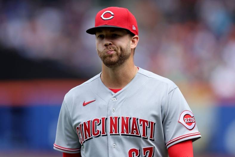 Aug 10, 2022; New York City, New York, USA; Cincinnati Reds starting pitcher T.J. Zeuch (67) reacts during the first inning against the New York Mets at Citi Field. Mandatory Credit: Brad Penner-USA TODAY Sports