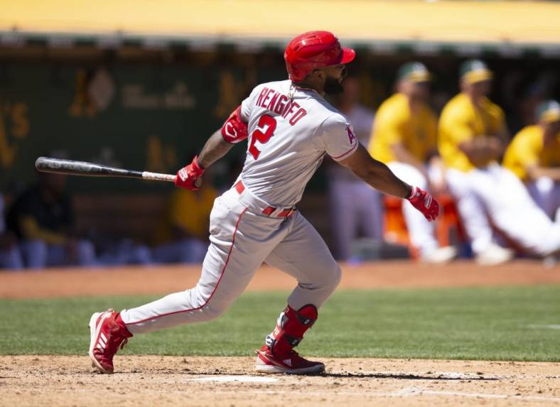 Aug 10, 2022; Oakland, California, USA; Los Angeles Angels third baseman Luis Rengifo (2) follows the flight of his three-run home run off Oakland Athletics pitcher Sam Moll during the sixth inning at RingCentral Coliseum. Mandatory Credit: D. Ross Cameron-USA TODAY Sports
