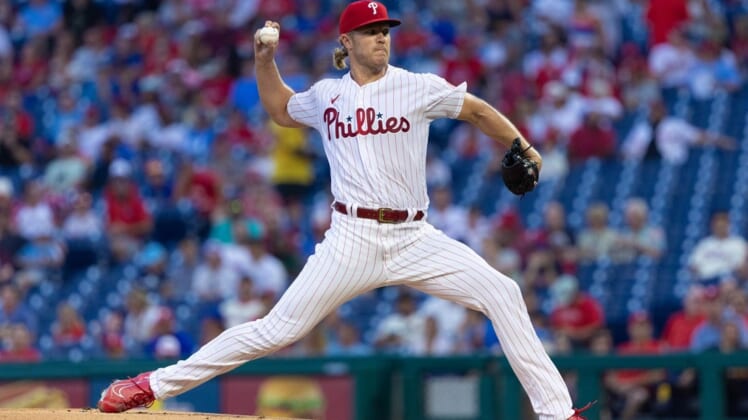 Aug 10, 2022; Philadelphia, Pennsylvania, USA; Philadelphia Phillies starting pitcher Noah Syndergaard (43) throws a pitch during the first inning against the Miami Marlins at Citizens Bank Park. Mandatory Credit: Bill Streicher-USA TODAY Sports