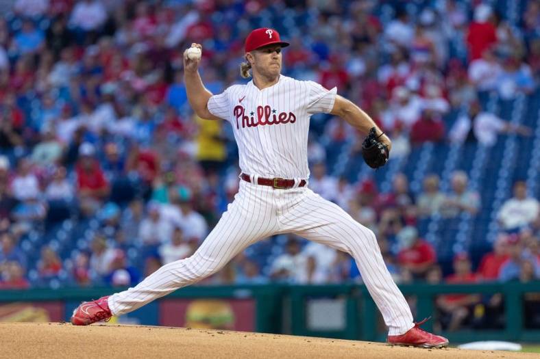 Aug 10, 2022; Philadelphia, Pennsylvania, USA; Philadelphia Phillies starting pitcher Noah Syndergaard (43) throws a pitch during the first inning against the Miami Marlins at Citizens Bank Park. Mandatory Credit: Bill Streicher-USA TODAY Sports