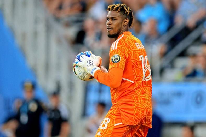 Aug 10, 2022; Saint Paul, MN, USA; MLS goalkeeper Andre Blake (18) of Philadelphia Union during the 2022 MLS All-Star game at Allianz Field. Mandatory Credit: Aaron Doster-USA TODAY Sports