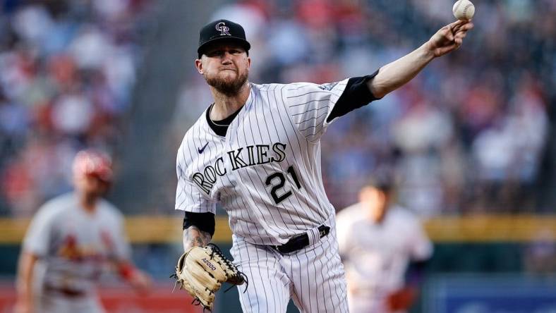 Aug 10, 2022; Denver, Colorado, USA; Colorado Rockies starting pitcher Kyle Freeland (21) pitches in the first inning against the St. Louis Cardinals at Coors Field. Mandatory Credit: Isaiah J. Downing-USA TODAY Sports