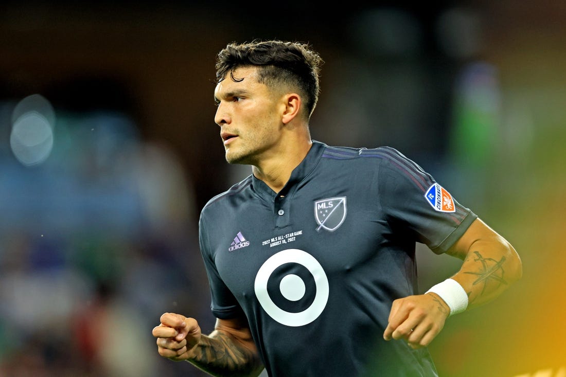 Aug 10, 2022; Saint Paul, MN, USA; MLS forward Brandon Vazquez (19) of FC Cincinnati during the MLS All-Star Game at Allianz Field. Mandatory Credit: Aaron Doster-USA TODAY Sports