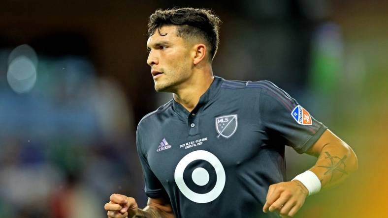 Aug 10, 2022; Saint Paul, MN, USA; MLS forward Brandon Vazquez (19) of FC Cincinnati during the MLS All-Star Game at Allianz Field. Mandatory Credit: Aaron Doster-USA TODAY Sports