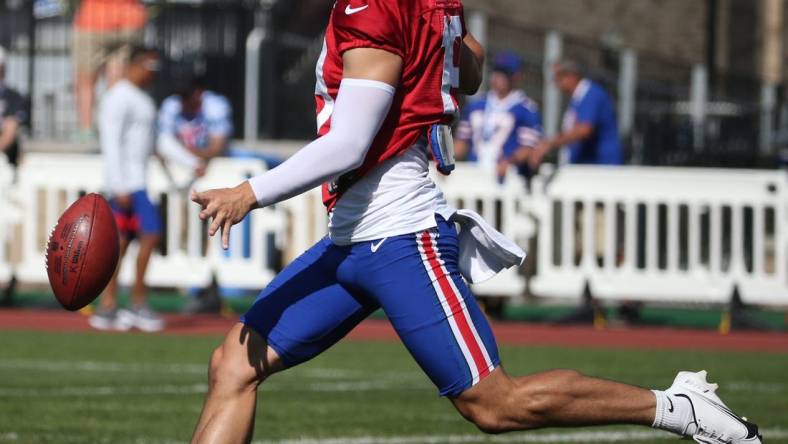 Punter Matt Araiza sends the ball downfield during special teams drills on the last day of the Buffalo Bills training camp at St John Fisher University in Rochester Thursday, Aug. 11, 2022.

Sd 081122 Bills Camp 17 Spts