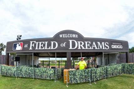 Aug 11, 2022; Dyersville, Iowa, USA; A general view of signs for the Field of Dreams game between the Cincinnati Reds and the Chicago Cubs at Field of Dreams. Mandatory Credit: Jeffrey Becker-USA TODAY Sports