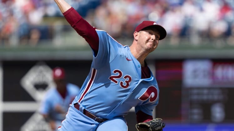 Aug 11, 2022; Philadelphia, Pennsylvania, USA; Philadelphia Phillies relief pitcher Corey Knebel (23) pitches  during the eighth inning against the Miami Marlins at Citizens Bank Park. Mandatory Credit: Bill Streicher-USA TODAY Sports