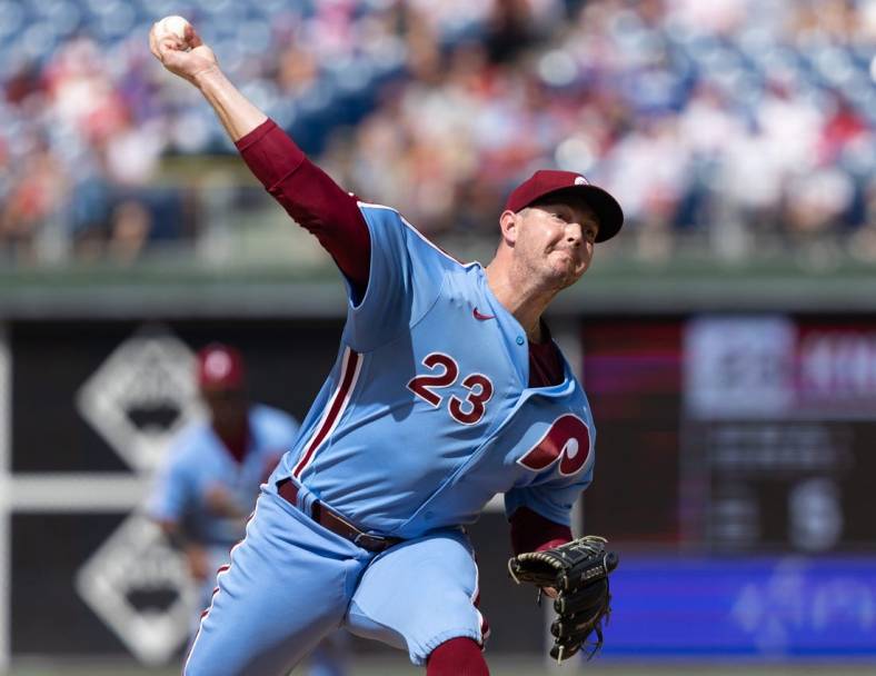Aug 11, 2022; Philadelphia, Pennsylvania, USA; Philadelphia Phillies relief pitcher Corey Knebel (23) pitches  during the eighth inning against the Miami Marlins at Citizens Bank Park. Mandatory Credit: Bill Streicher-USA TODAY Sports