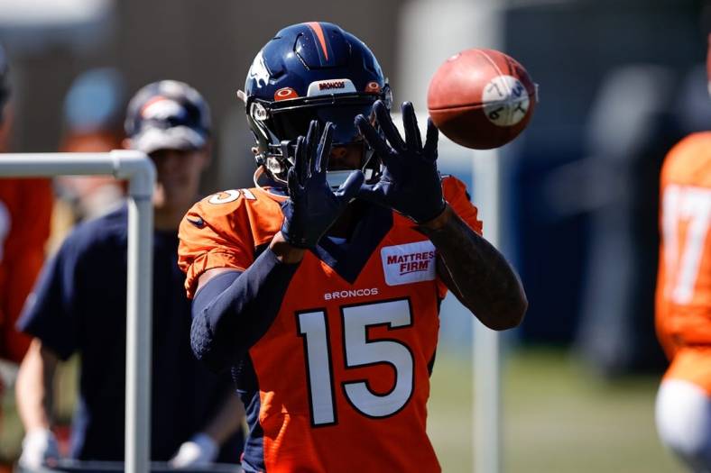 Aug 11, 2022; Englewood, CO, USA; Denver Broncos wide receiver Travis Fulgham (15) during training camp at the UCHealth Training Center. Mandatory Credit: Isaiah J. Downing-USA TODAY Sports