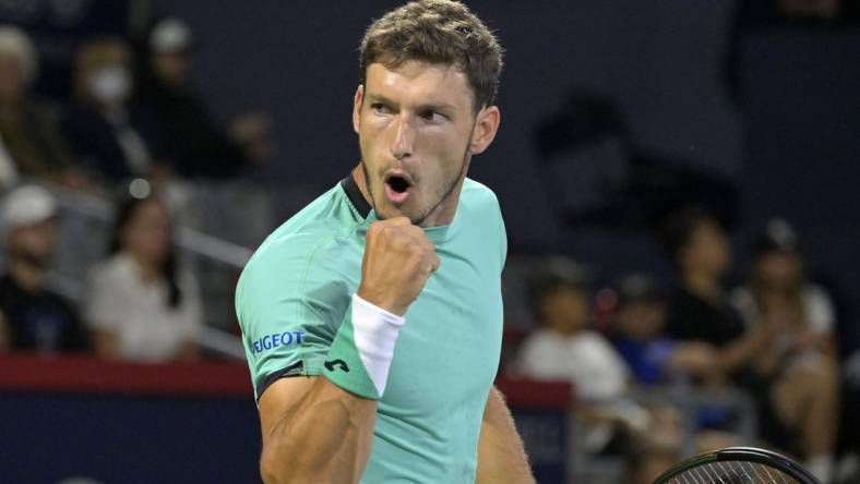 Aug 11, 2022; Montreal, QC, Canada; Pablo Carreno Busta (ESP) reacts after a point against Jannik Sinner (ITA) (not pictured) in third round play in the National Bank Open at IGA Stadium. Mandatory Credit: Eric Bolte-USA TODAY Sports